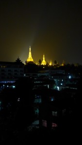 View of Shwedagon Pagoda from hotel rooftop, Yangon