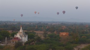 Sunrise with hot air balloons over Bagan