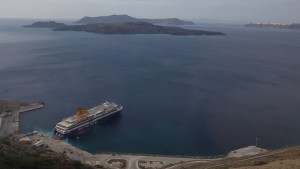 Looking down from winding road to Fira