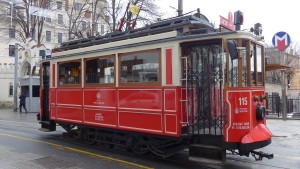 The tram on the pedestrian street